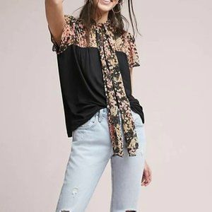 TINY / Anthropologie Short Sleeve Tie Neck Floral Jersey Black Top | XL